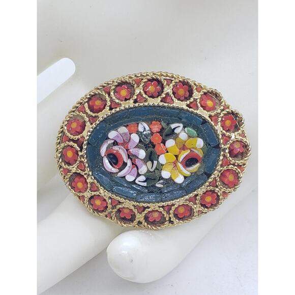 Vintage Italian Micro Mosaic Floral Brooch Pin Oval Glass Flowers millefiori - Picture 13 of 16